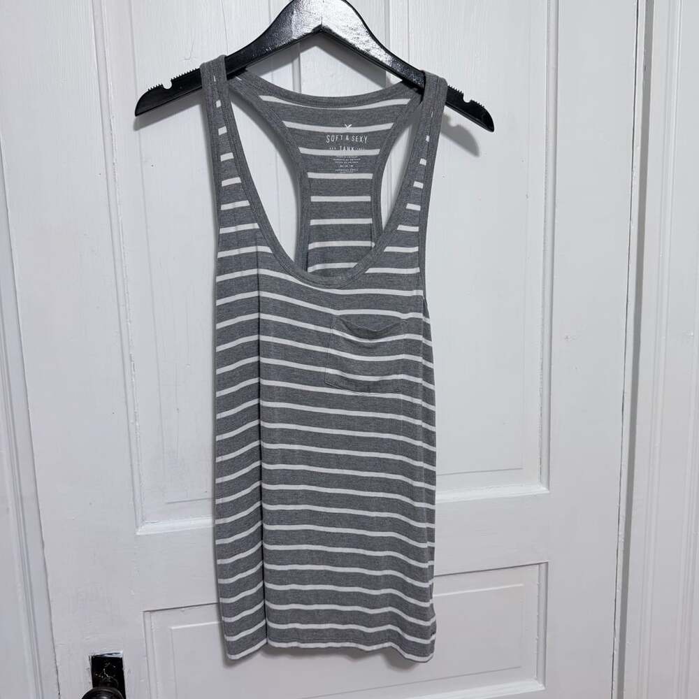 AE Soft & Sexy Striped Racerback Tank Top Grey White Pocket Size M
A3